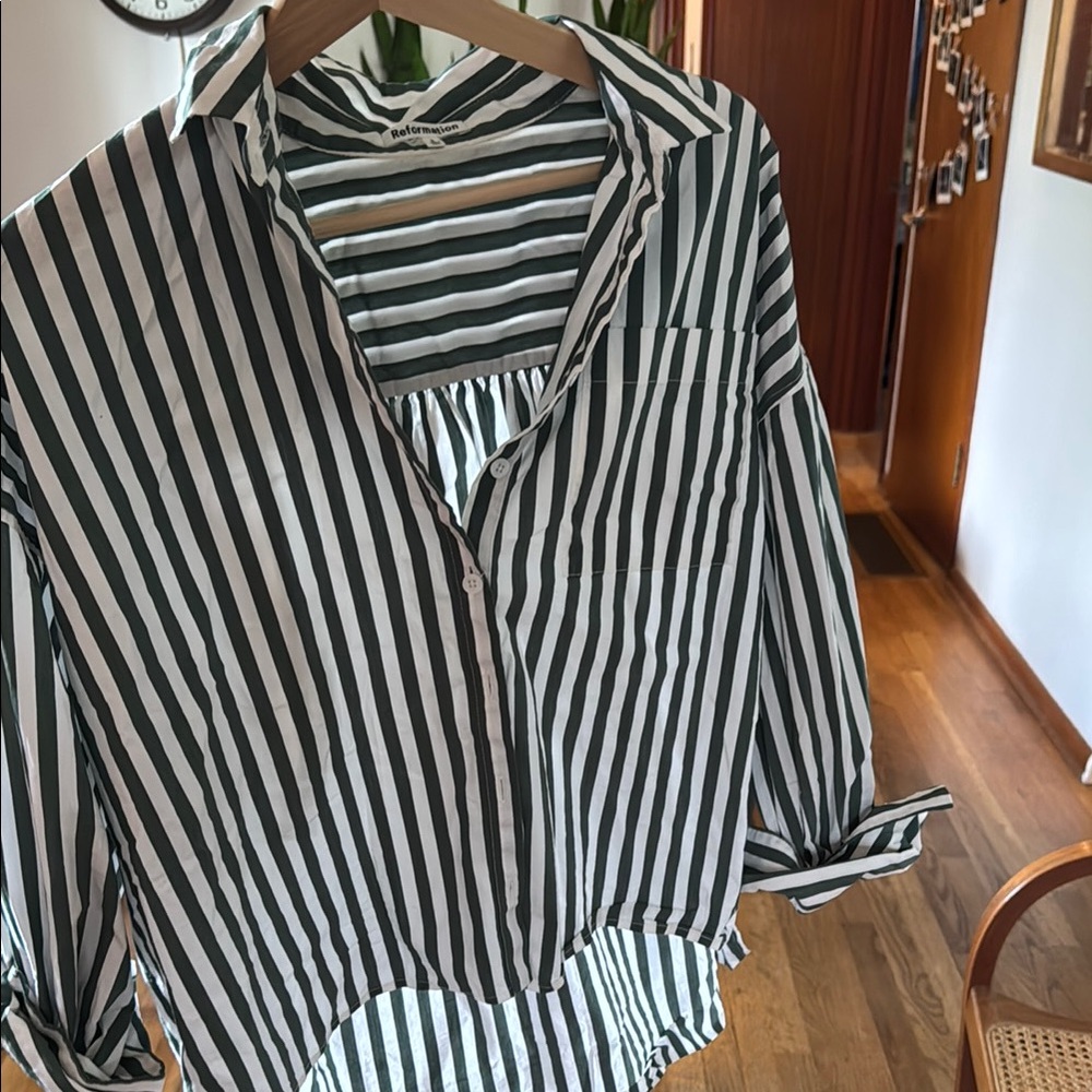 Reformation striped button down in dark green and white
